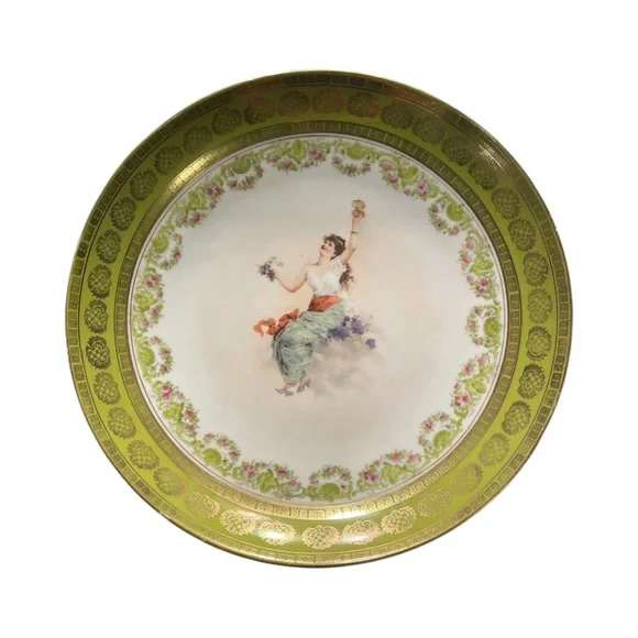 Wine Maiden Victoria Carlsbad Austria 12” Bacchante Kaufmann Bowl Green Gold Lg - Picture 9 of 10